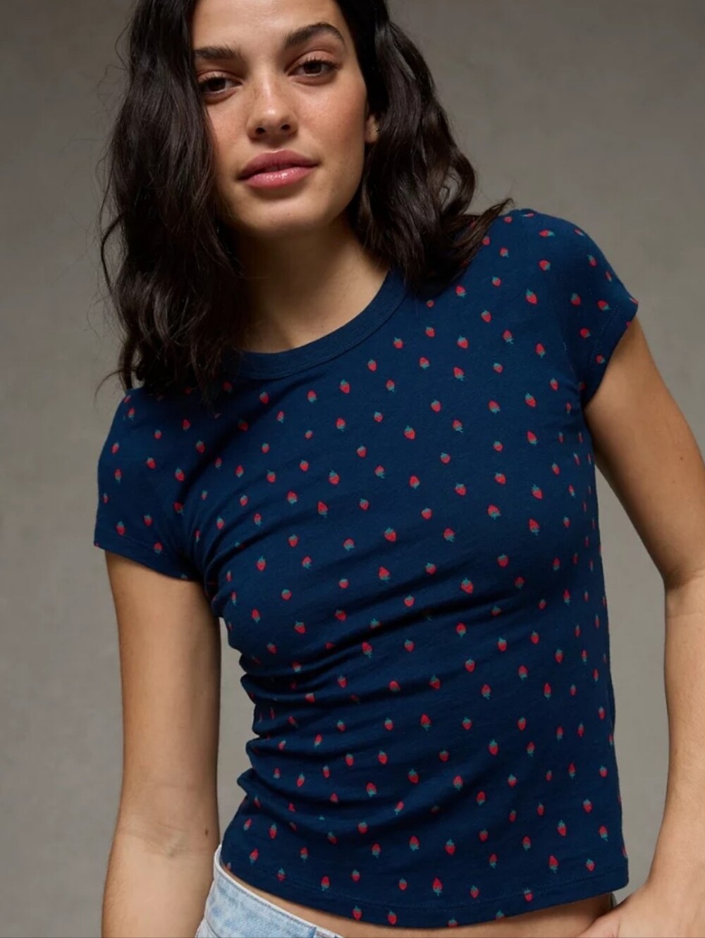 Women's AE Strawberries Print 🍓 Babydoll Tee Navy Cotton Slub XS NWT's!